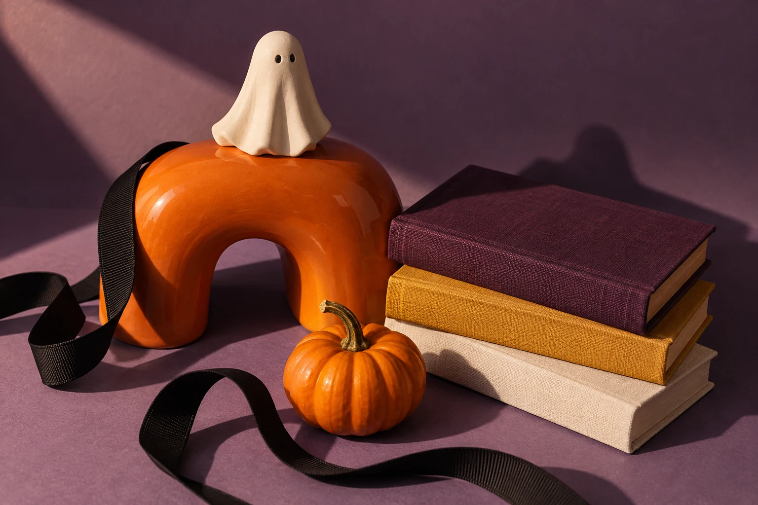 A cream ghost, clothbound books and a pumpkin on an orange arch